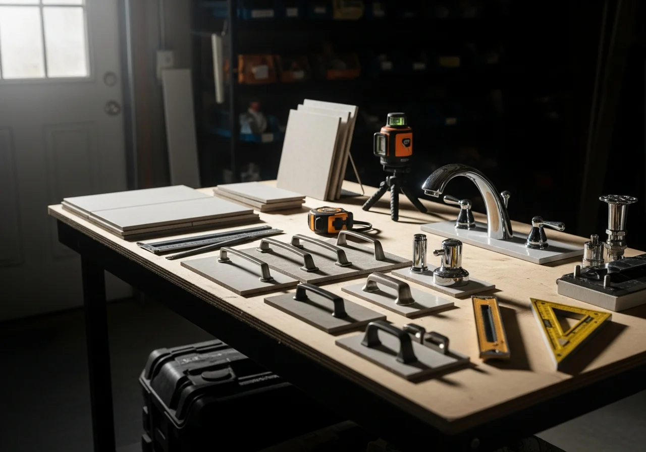 Construction crew and tools on a residential job site, showcasing hands-on craftsmanship and professional equipment.