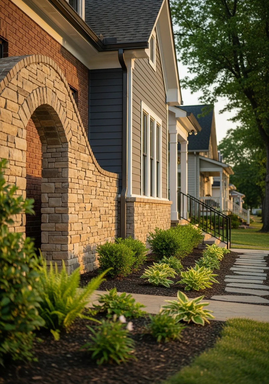 Detail shot of a Nashville home's exterior with quality finishes and professional landscaping.