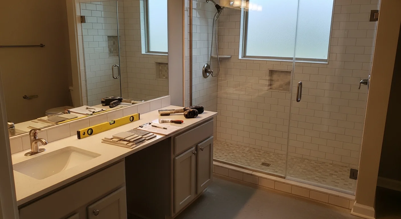 A finished bathroom remodel in a Nolensville, TN home showing a walk-in tile shower, updated vanity, and new flooring. The space reflects the clean, functional design common in Williamson County residential renovations.