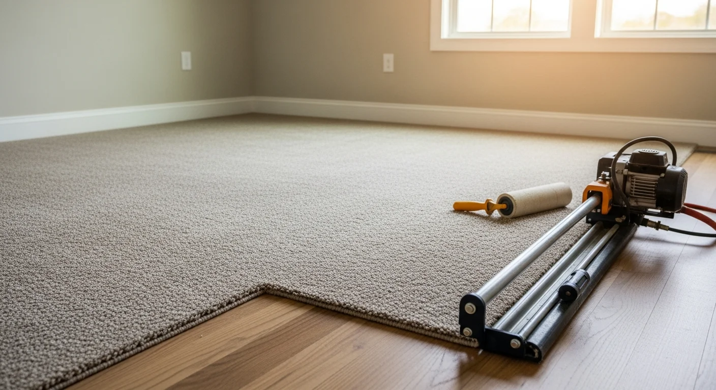 Freshly installed carpet in a bedroom of a Nolensville, TN home, showing smooth, flat surface with clean edges along the baseboards. A flooring contractor from Westward Company completes the final stretch near the doorway.