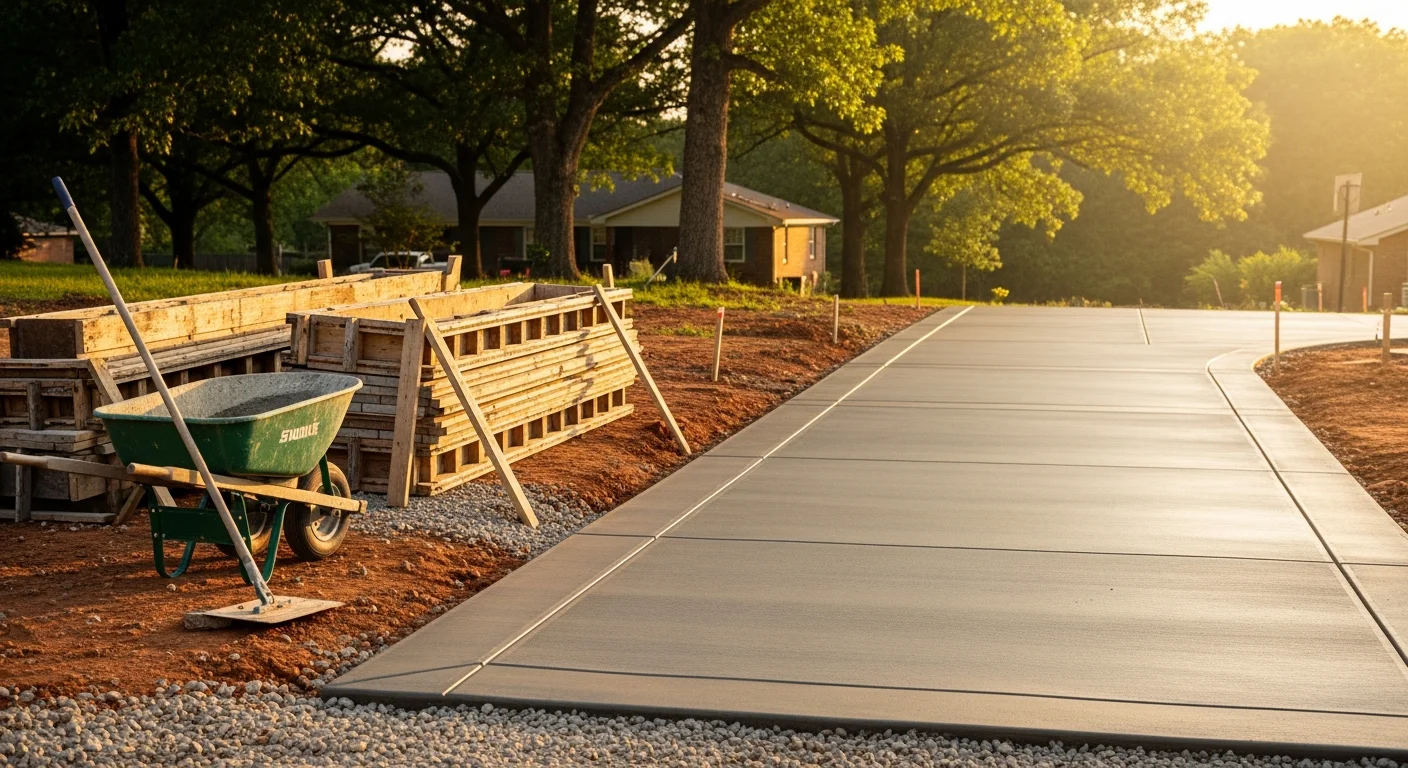 A freshly poured concrete driveway leading to a single-family home in Nolensville, TN, with a smooth broom finish and clean edges. The driveway runs from the street to a two-car garage on a gently sloped residential lot.