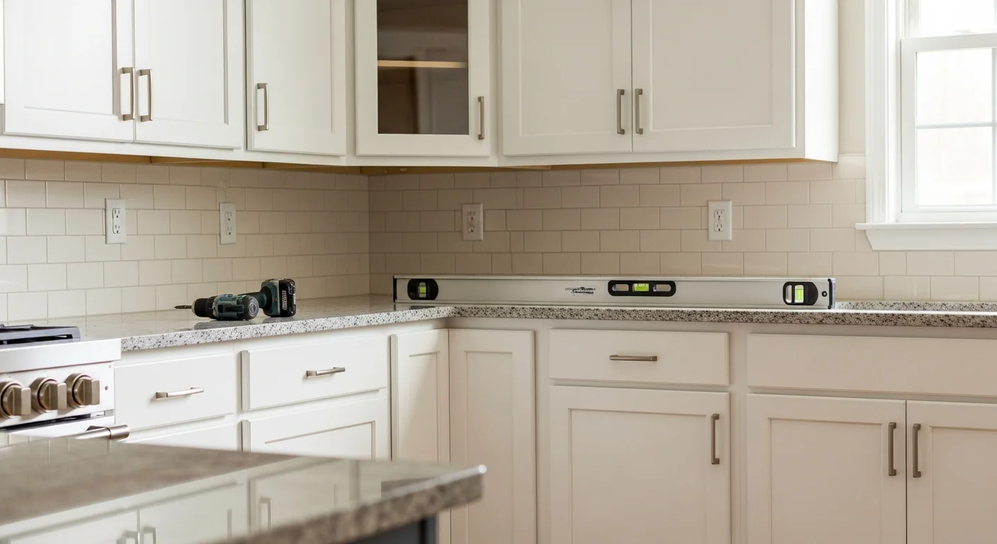 Newly installed custom wood cabinets in a Nolensville, TN kitchen, showing floor-to-ceiling cabinet runs with aligned doors and integrated hardware. Close view highlights flush cabinet faces and clean corner joints typical of a professional installation by Westward Company.