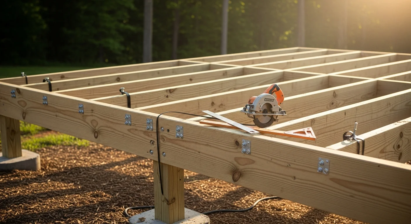A newly built wood-framed deck attached to the back of a single-family home in Nolensville, TN, with board decking, post railings, and a stair landing stepping down to a grassy backyard. The deck is photographed in natural daylight showing clean framing lines and a wooded lot edge in the background.