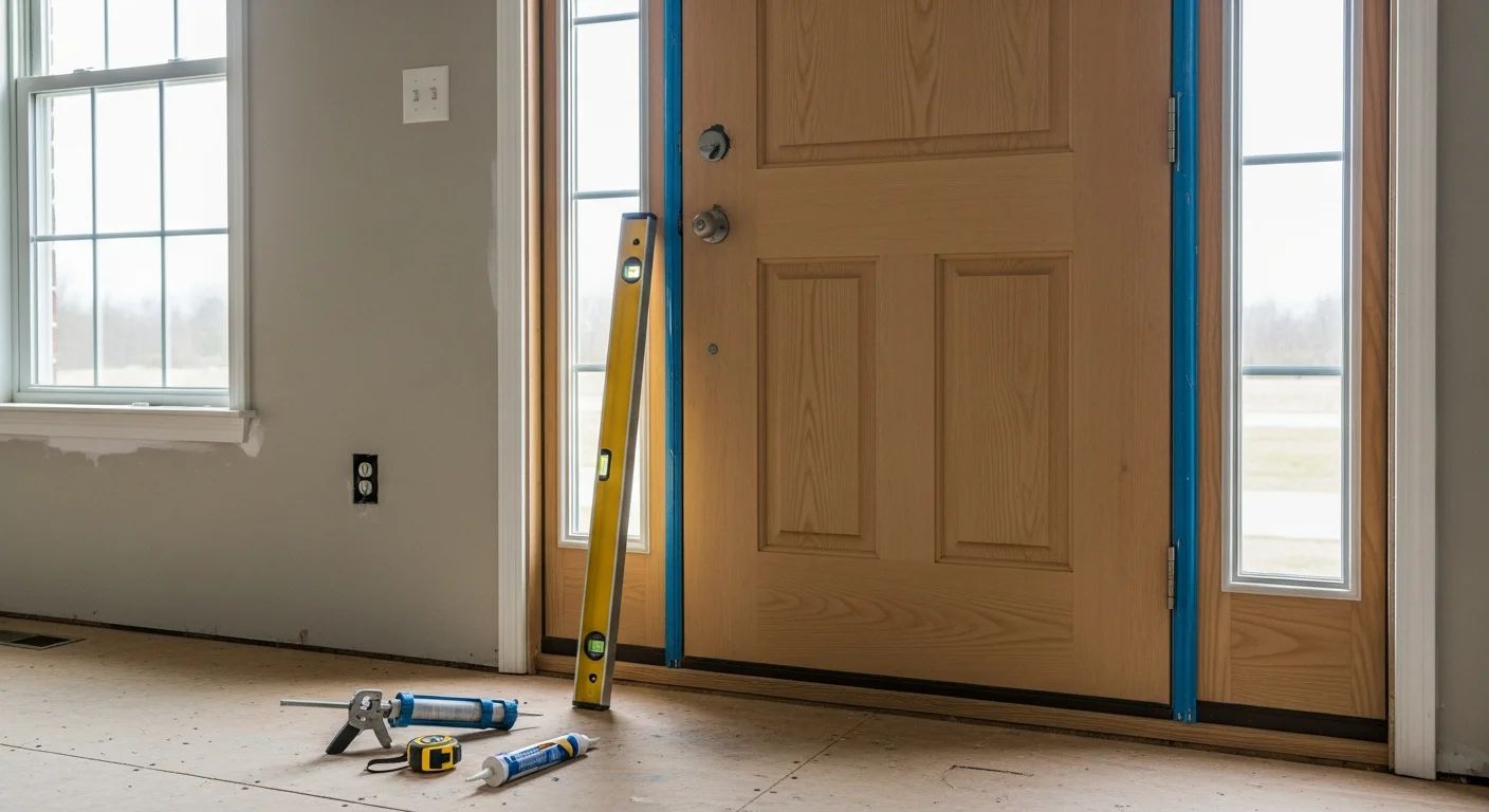 A newly installed exterior entry door on a traditional two-story home in Nolensville, TN, with a clean frame, tight weatherstripping seal, and updated hardware. The door is photographed from the front walkway, showing the full entryway and surrounding brick facade.