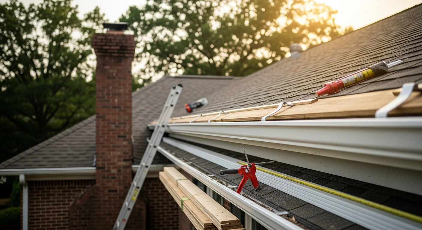 Freshly installed fascia boards along the roofline of a residential home in Nolensville, TN, with gutters reattached and no visible rot or damage. Close view shows clean, flush boards running the full length of the roof edge.