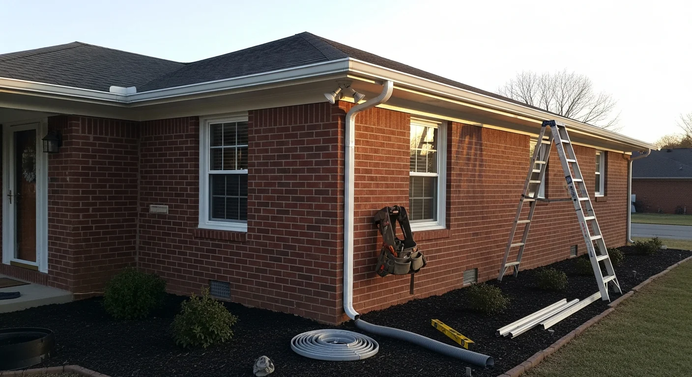 Newly installed gutters and downspouts on a two-story residential home in Nolensville, TN, with water channeling away from the foundation along a landscaped front yard. Close-up view shows clean fascia mounting and a properly angled gutter run on a traditional-style roofline.