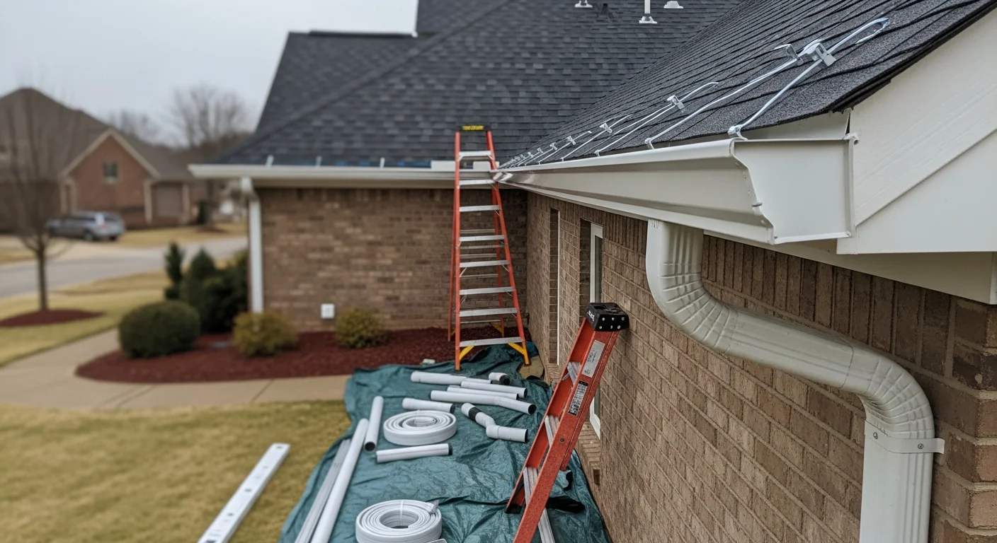 Newly installed gutters running along the roofline of a two-story single-family home in Nolensville, TN. Downspouts extend to ground level with water directed away from the home's foundation.