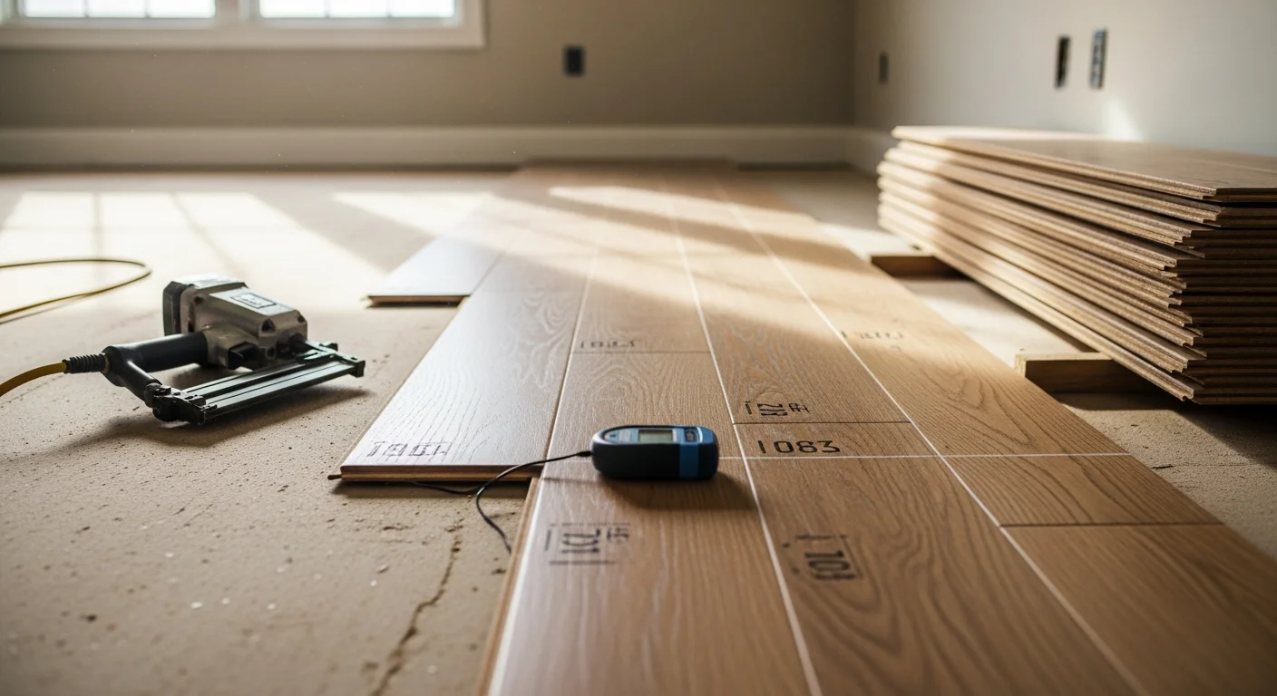 Freshly installed hardwood flooring in a Nolensville, TN single-family home, showing straight plank runs across an open living and dining area. Natural light from large windows highlights the wood grain and clean transitions to adjacent rooms.