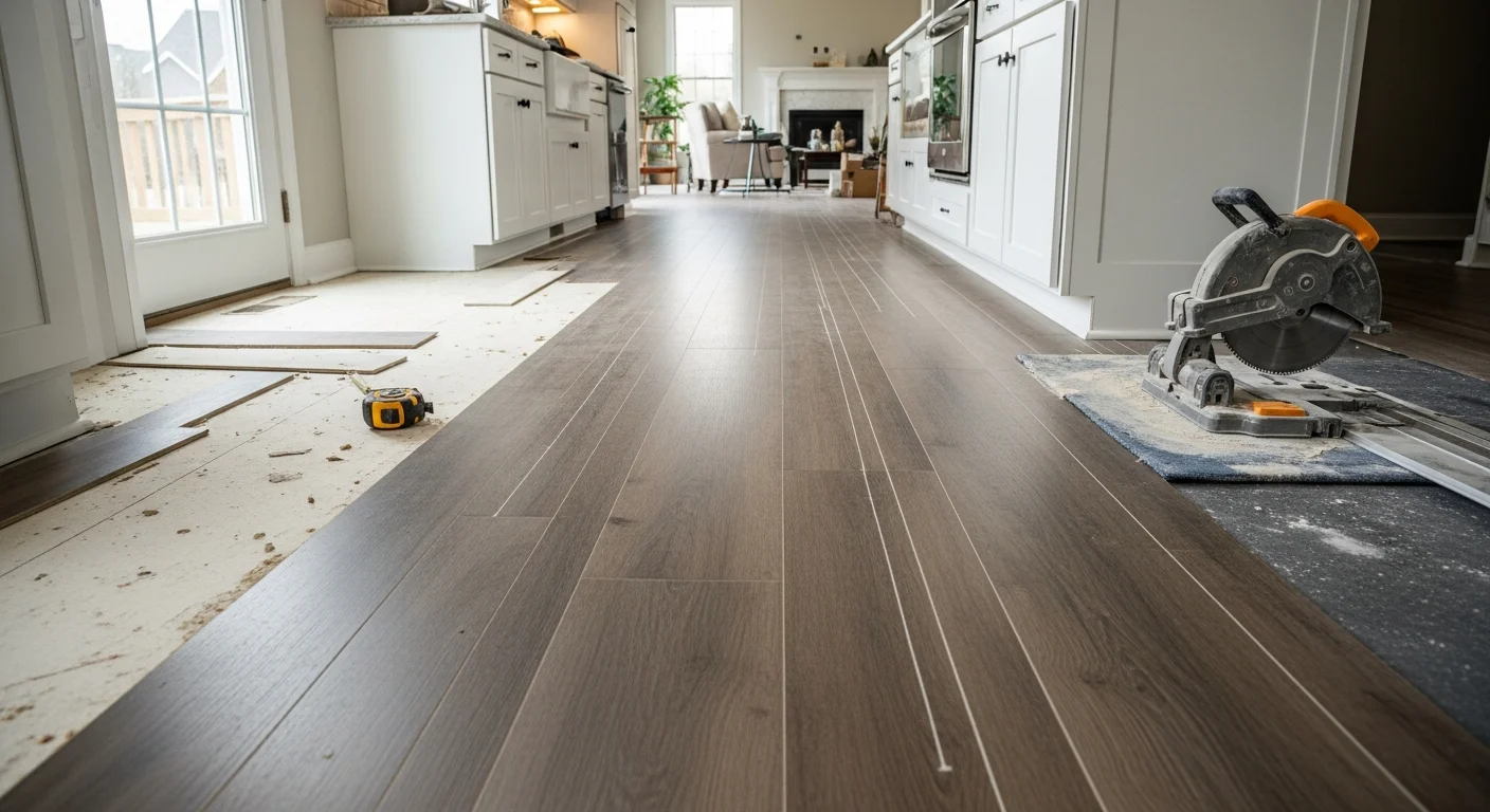 Newly installed kitchen flooring in a Nolensville, TN home with an open-concept layout, showing clean seams where the kitchen floor meets the adjoining living area. The floor runs continuously from the island to the dining space with tight, finished edges at the cabinet bases.