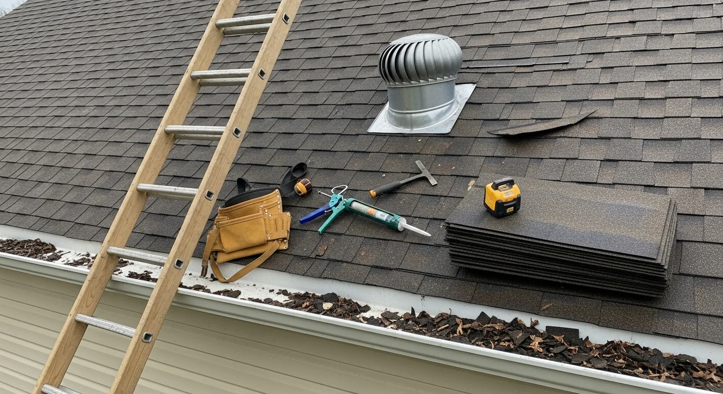A Westward Company roofer repairing lifted shingles and flashing on a residential home in Nolensville, TN. The roof shows storm wear consistent with Middle Tennessee weather, with repaired sections visible against the existing roofline.