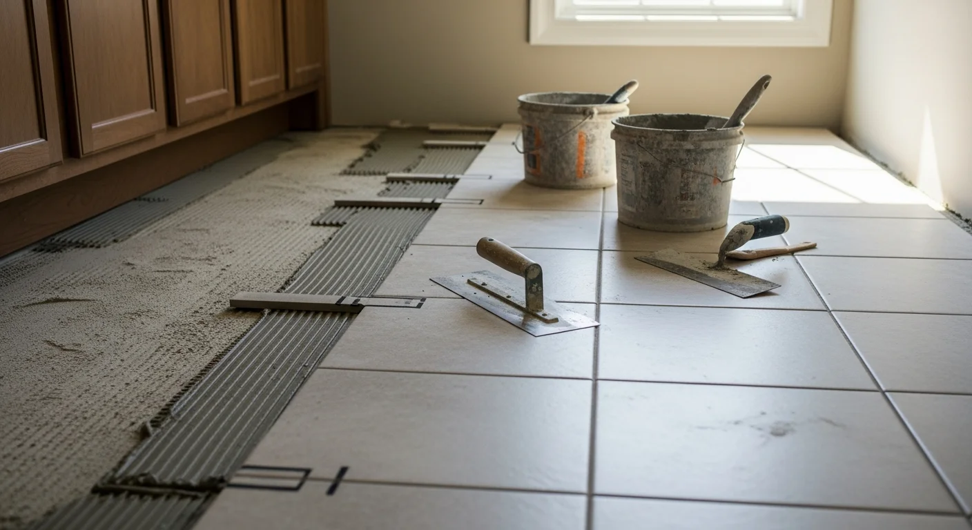 Freshly installed floor tile in a Nolensville, TN bathroom with clean grout lines and a tiled shower wall in the background. A general contractor's completed tile work in a new construction home in Williamson County.