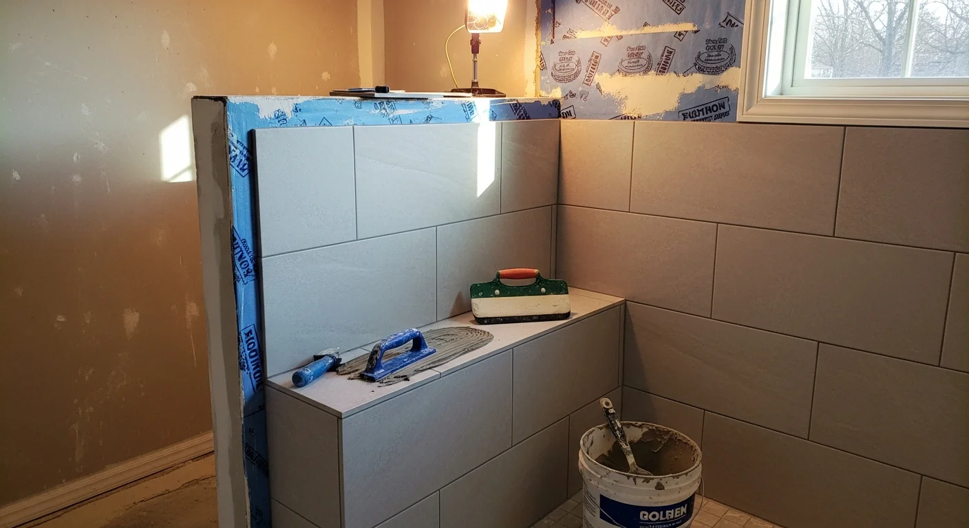 A finished custom tile shower in a Nolensville, TN bathroom, showing floor-to-ceiling tile work, a recessed niche, and a frameless glass enclosure. The shower was installed by Westward Company as part of a full bathroom remodel.