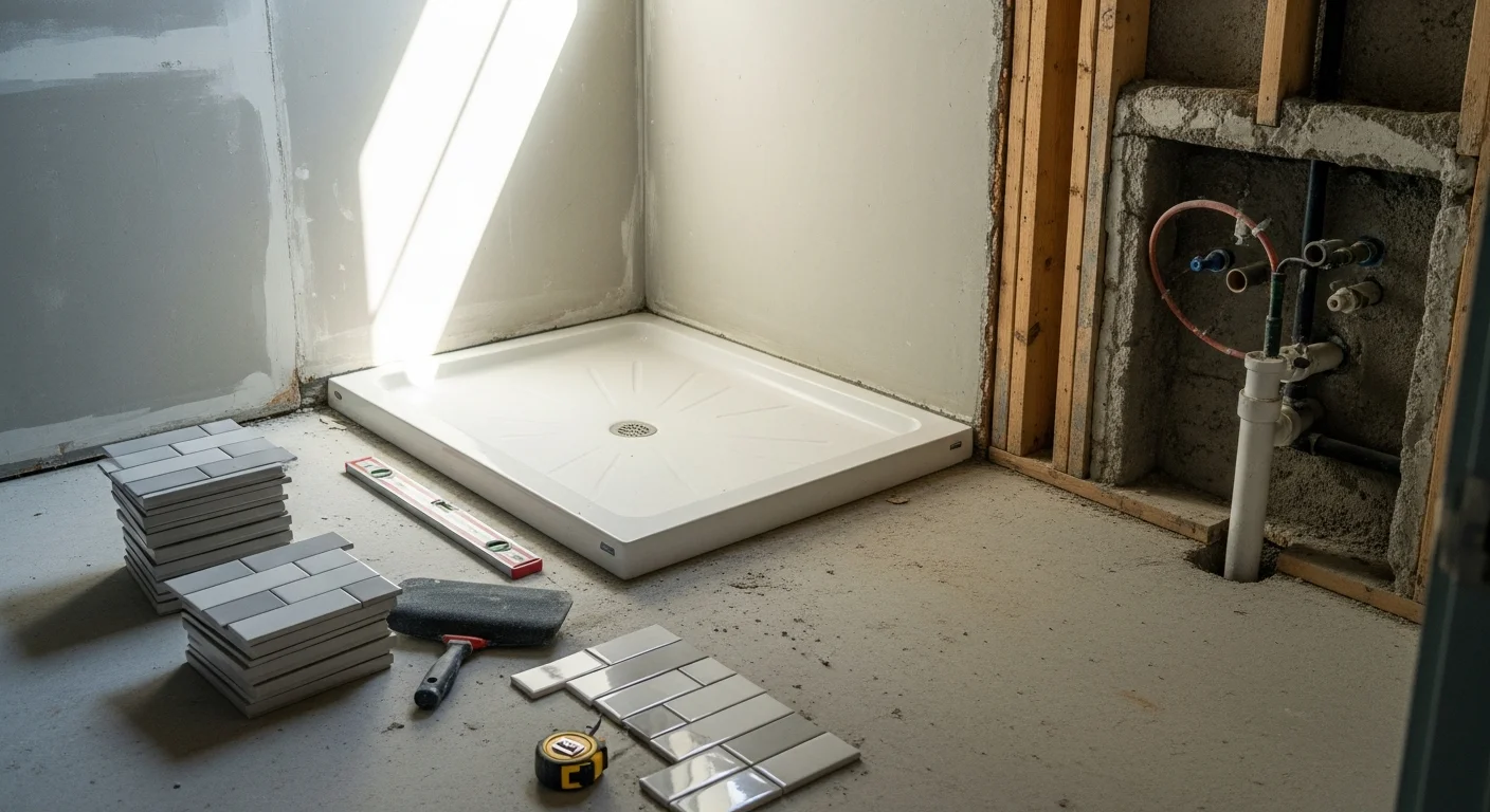 A finished tub-to-shower conversion in a Nolensville, TN home, showing a tiled walk-in shower with a recessed niche and handheld fixture where a standard builder tub previously stood. The bathroom features neutral wall tile and a frameless glass panel typical of Williamson County remodel projects.